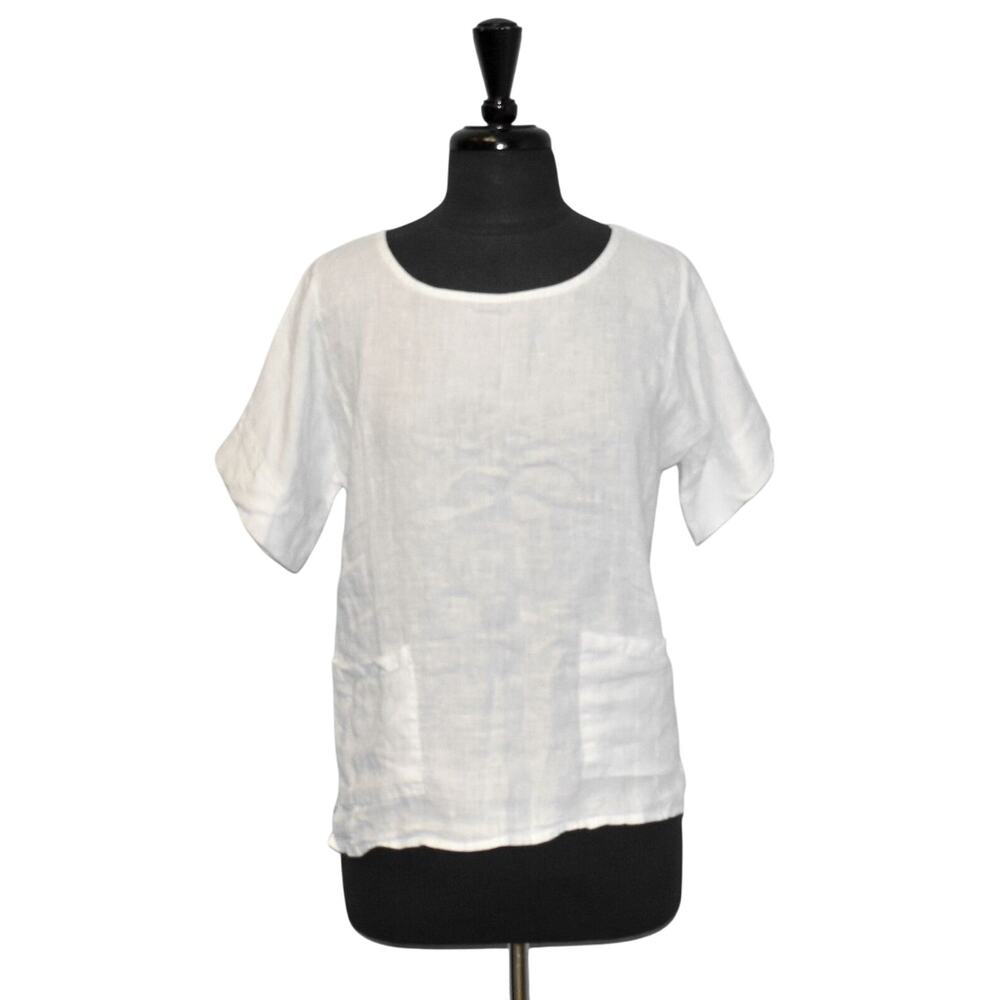A4 NWT FRANCESCA BETTINI White Linen Patch Pocket Short Sleeve Top Size M $125